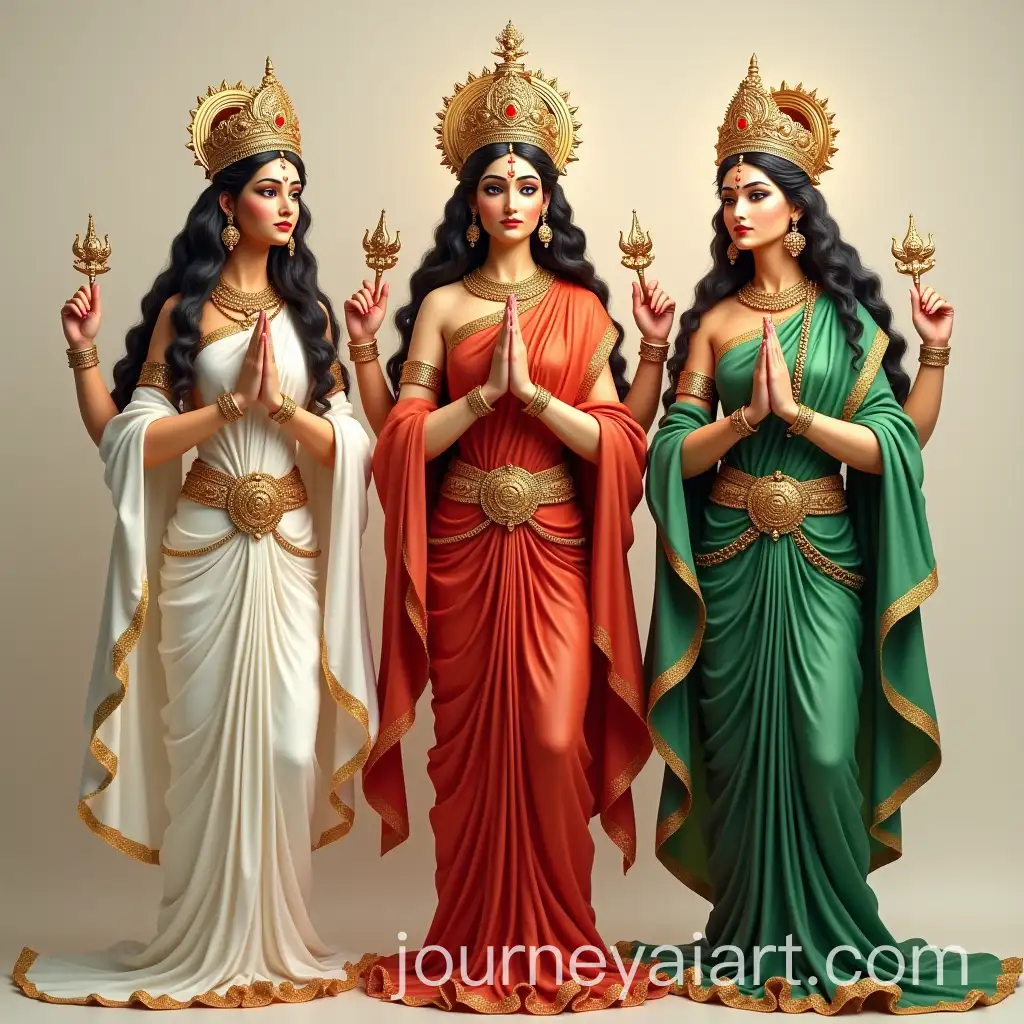 Full-Body-Hindu-Goddesses-Saraswati-Lakshmi-and-Parvati-in-Traditional-White-Red-and-Green-Cloth
