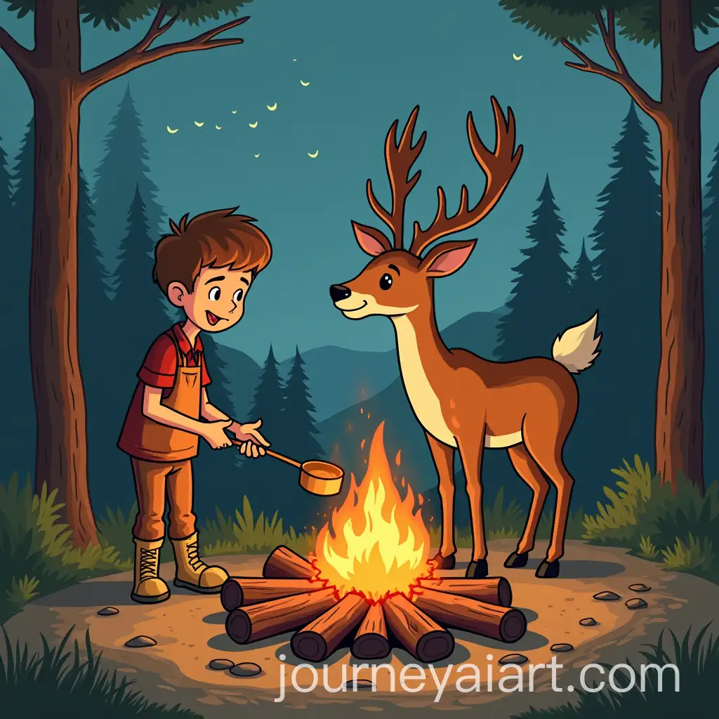 Cartoon-of-Cooking-Deer-Over-Camping-Fire