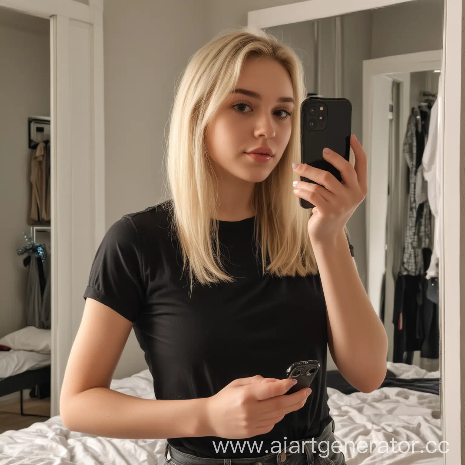 Young-Blonde-Woman-Taking-Realistic-Selfie-with-iPhone-11-in-Bedroom