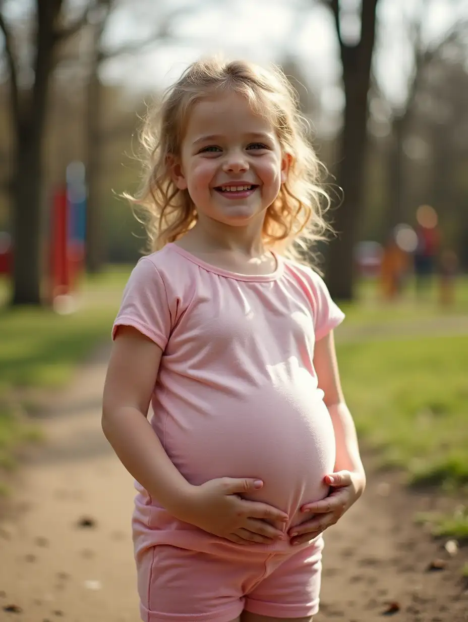 Whole body visible, happy adorable petite skinny young blonde girl with huge pregnant belly, at playground