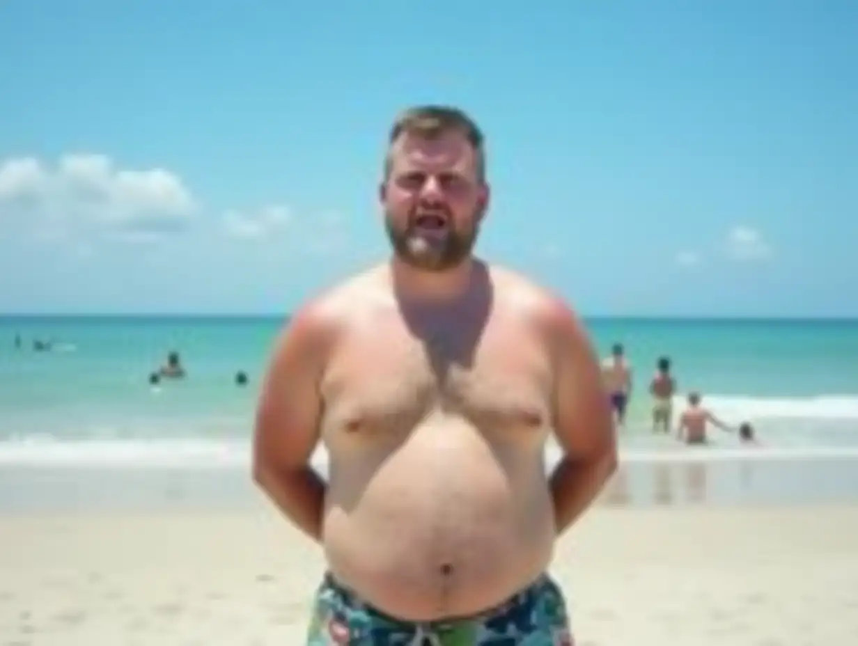 Create an image of a young man standing at the beach, visibly uncomfortable due to a condition resembling gynecomastia (excess development of male breast tissue). He has a slightly overweight body, with swim trunks, with a self-conscious posture—slouched shoulders as if trying to cover his chest. His facial expression conveys discomfort or embarrassment. The background shows a sunny day with clear blue skies, calm ocean waves, and other beachgoers in the distance, relaxed and carefree, contrasting with the man’s visible discomfort. The setting highlights the man’s internal struggle and self-awareness.