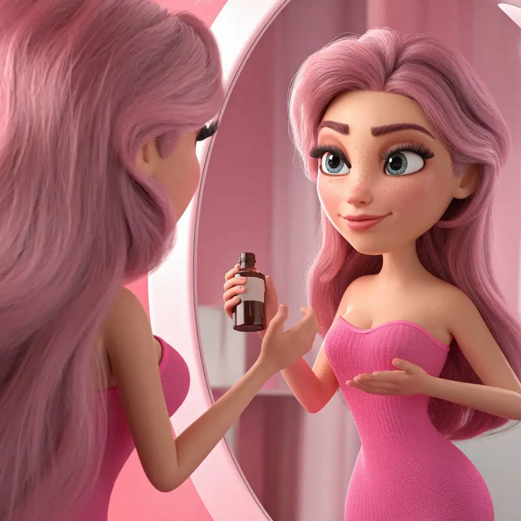 Beautiful-Cartoon-Woman-Admiring-Herself-in-the-Mirror-with-a-Bottle