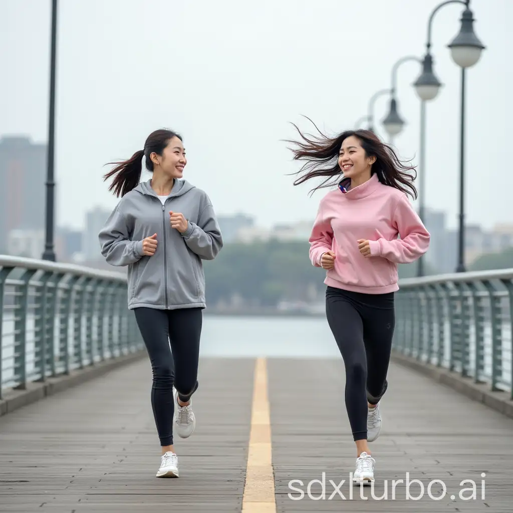 Korean female college students in their 20s jogging on Gwangan Bridge as Dongbaek Island blooms.