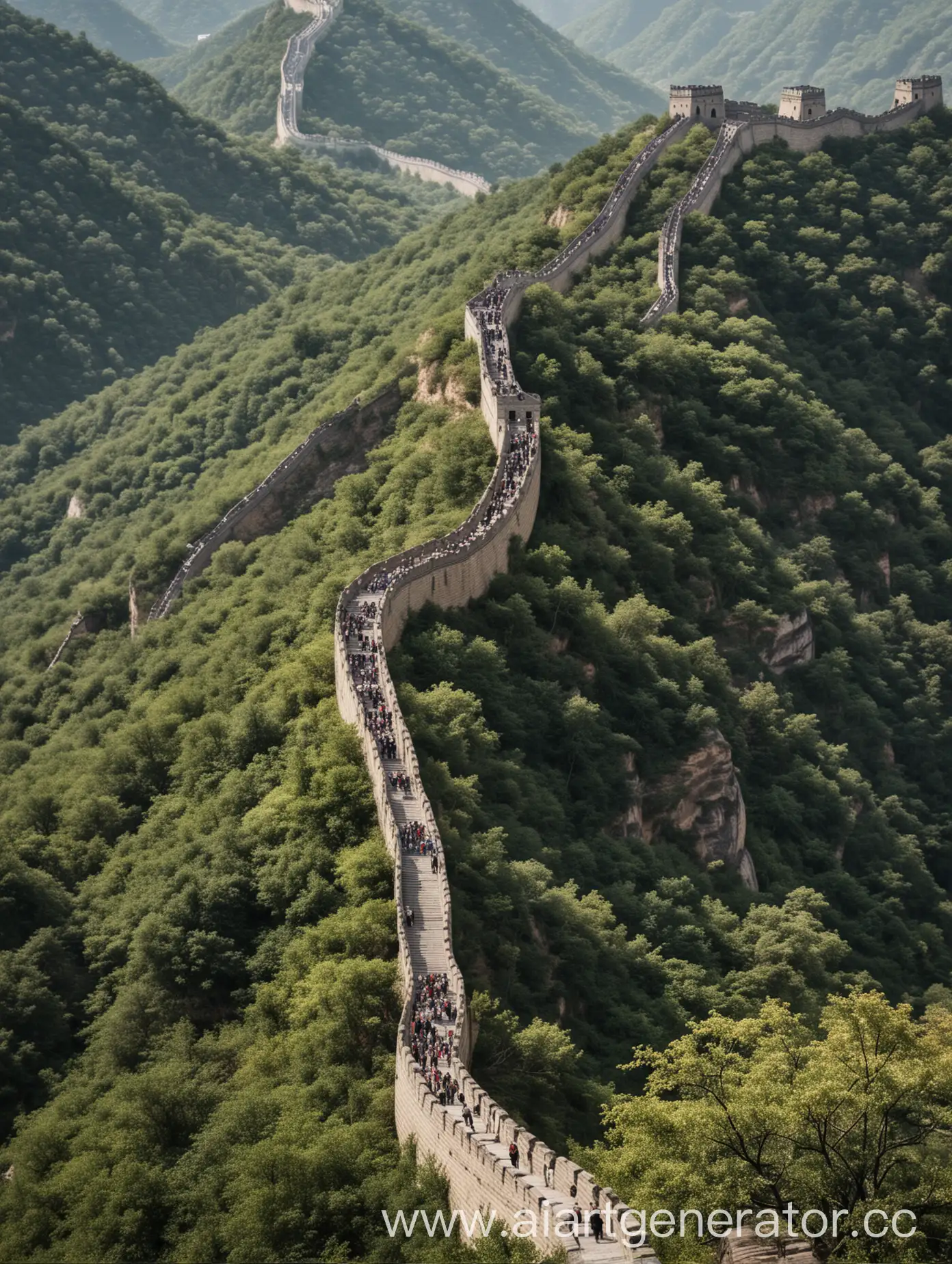 A section of the Great Wall of China running along steep mountain slopes and dense forests, with parts of it separated by natural barriers, highlighting its complexity and diverse terrain