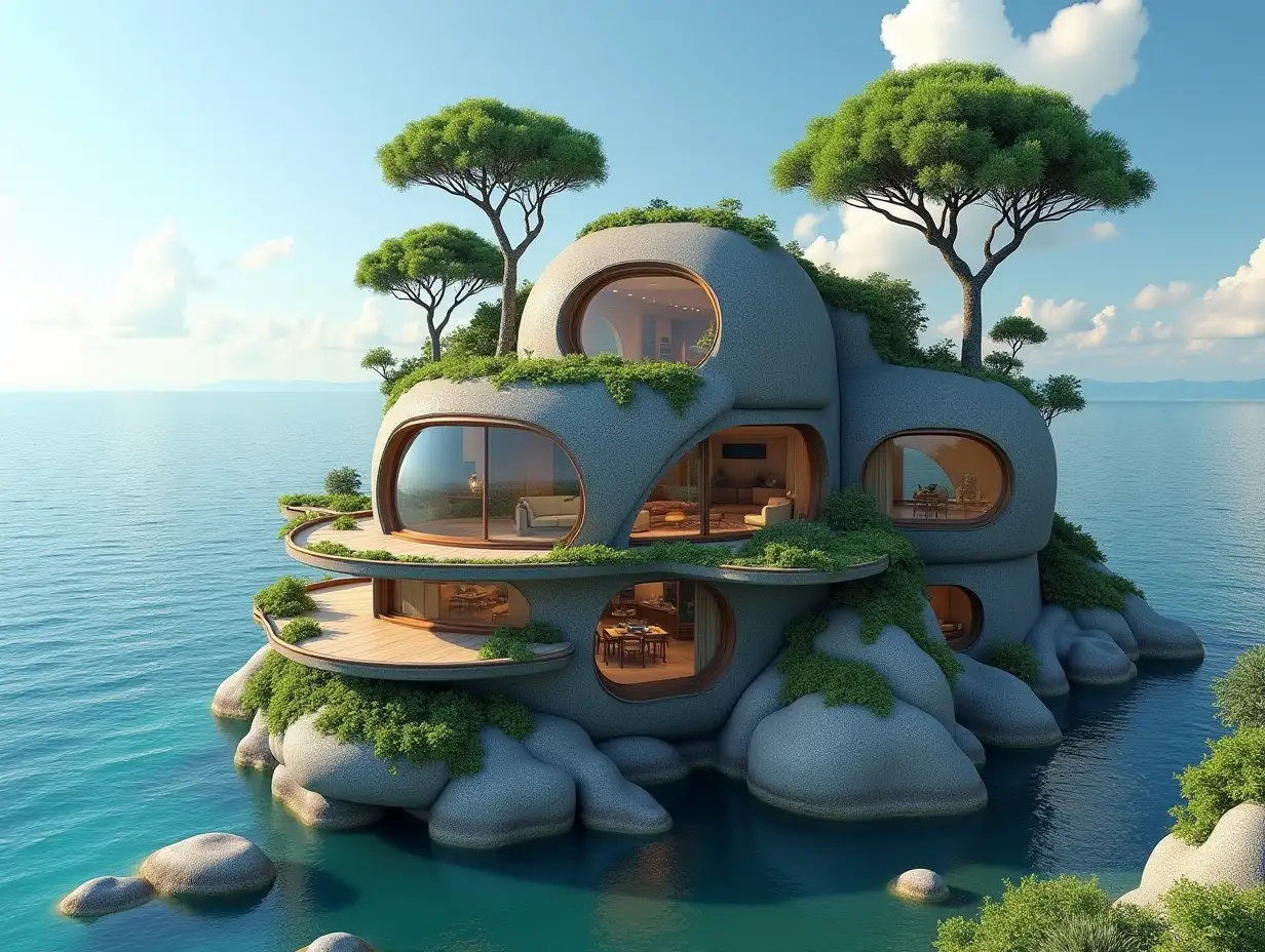 Create a high-resolution, realistic panorama image of a multi-level futuristic terrace building leading to the sea with window snail house with many plants and gray and brown facades with large sea trees, blue sky