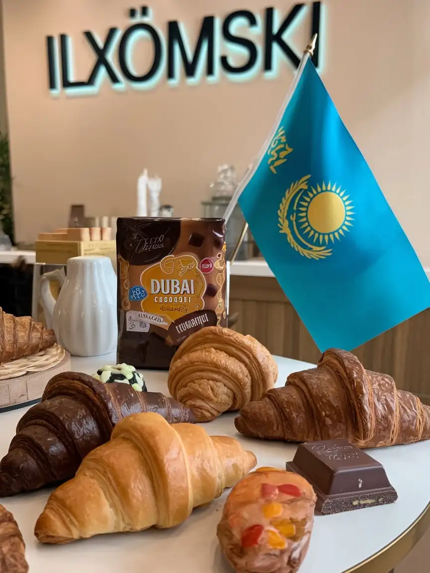 Logo ILXOMSKI on the background various croissants Dubai chocolate and in the background still Kazakh flag