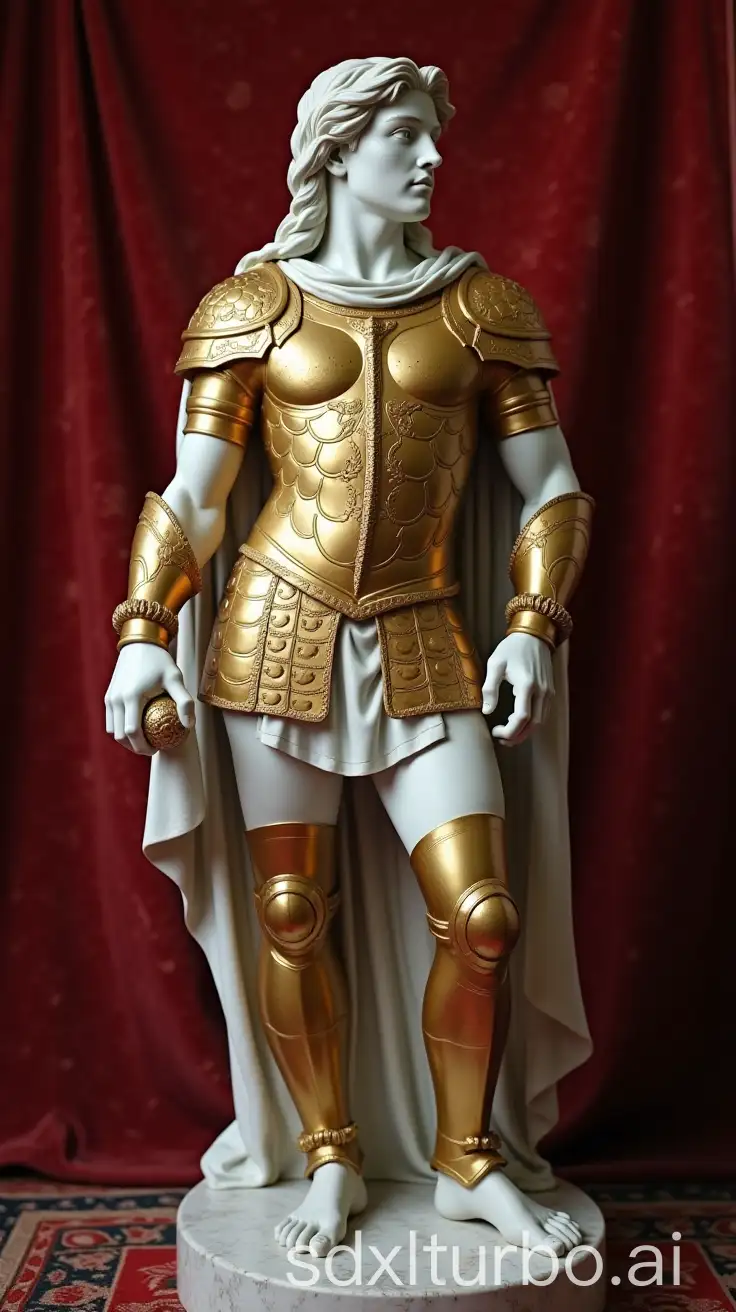 Ancient-Style-Marble-Sculpture-of-Handsome-Athletic-Boy-in-Golden-Armor