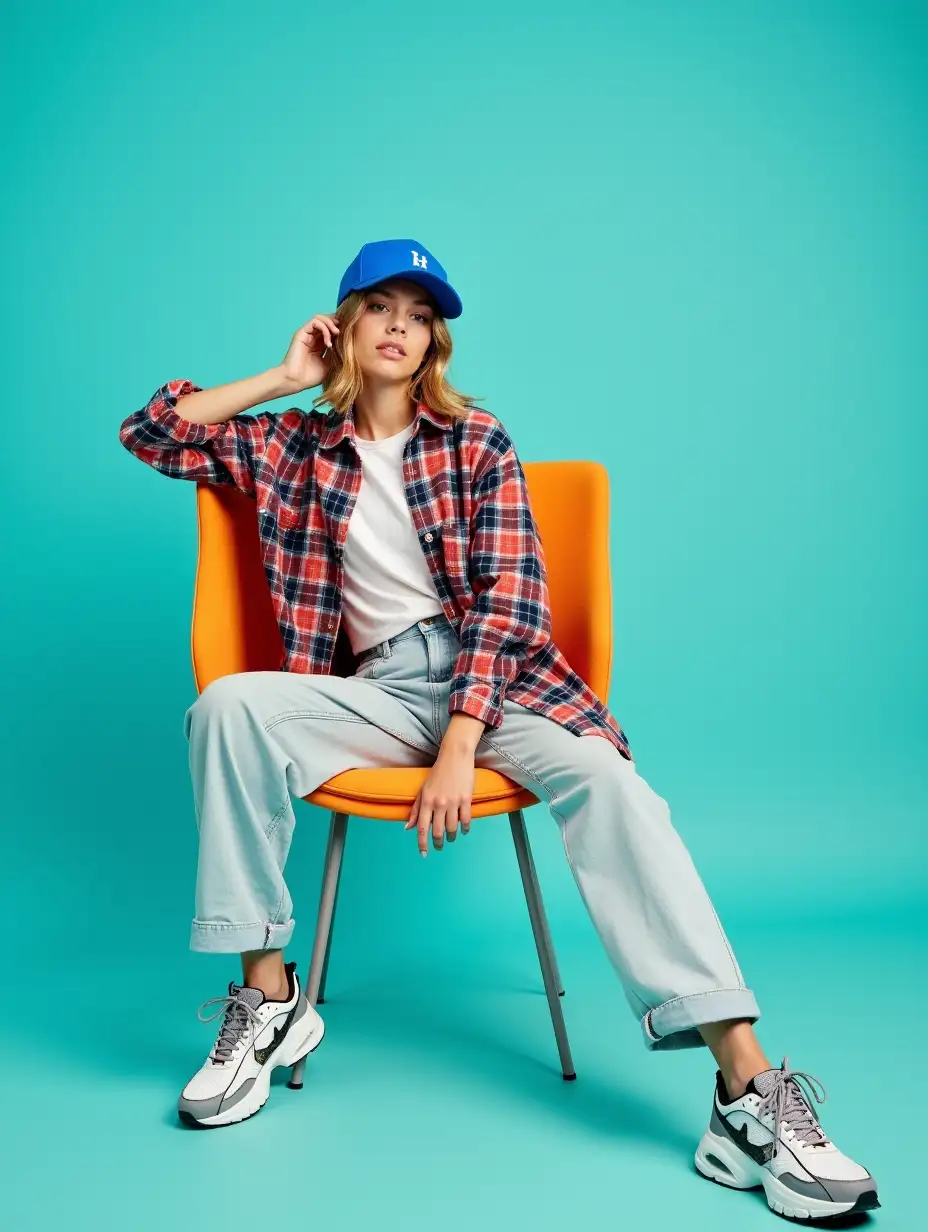 A young Model sits confidently in a modern, vibrant orange chair against a minimalistic teal-blue background. She wears a casual, oversized plaid shirt layered over a white T-shirt, light-wash baggy jeans, and chunky white sneakers with black and silver accents. Her blue baseball cap adds a sporty touch, and her relaxed pose, with one arm resting on the chair and her legs casually spread, exudes a laid-back, trendy vibe.