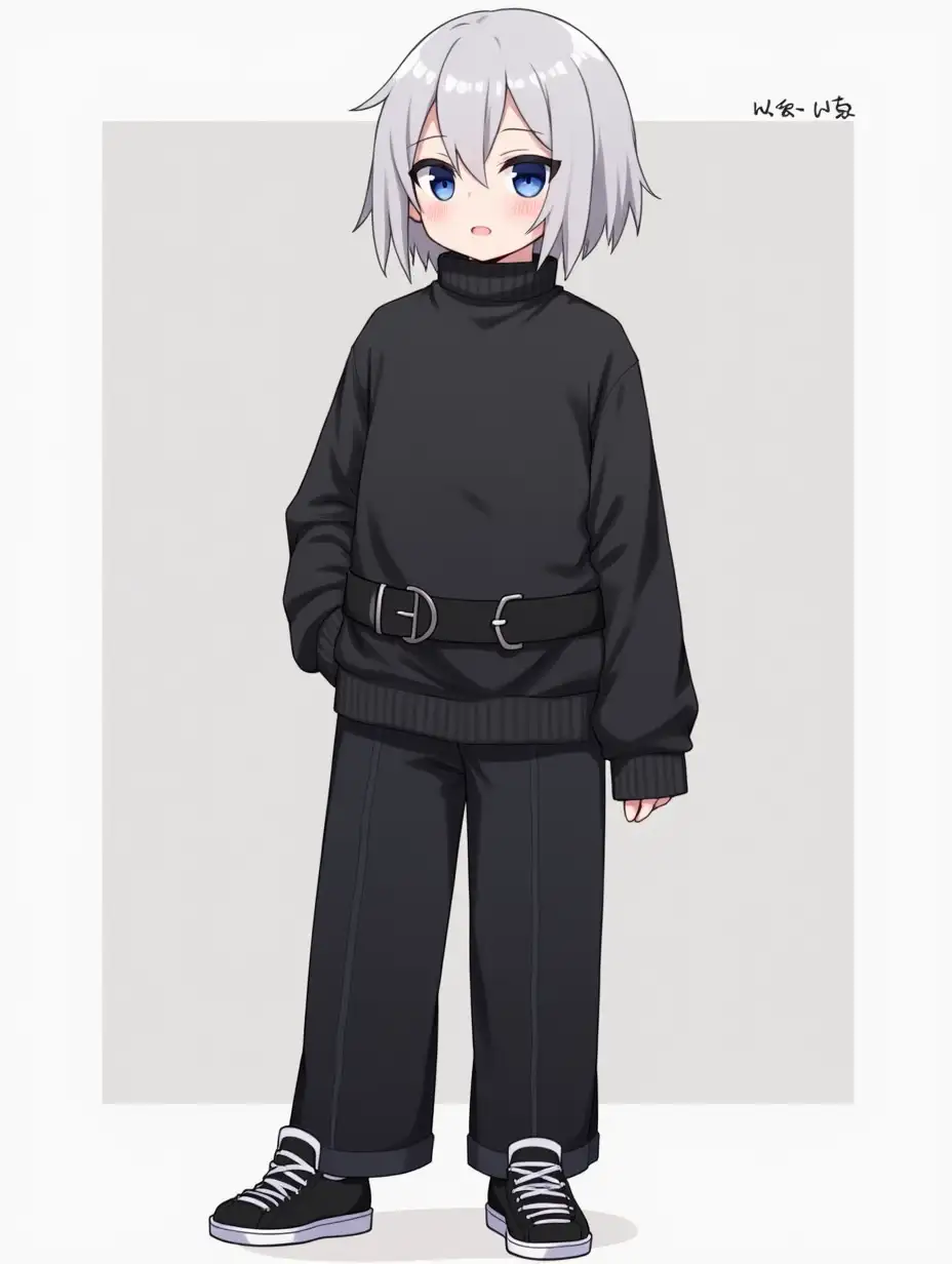 blue eyes, black sweater, black pants with a belt, black and white sneakers.