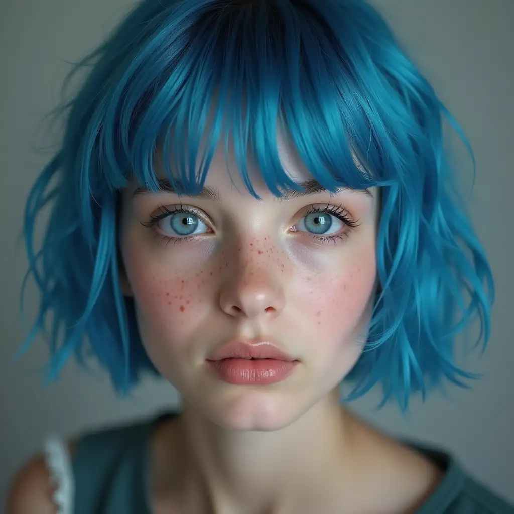 The picture style is, a blue haired girl with very short hair, blue eyes, beautiful neutral style, no makeup, beautiful moles, matte skin, looking up, ultra HD