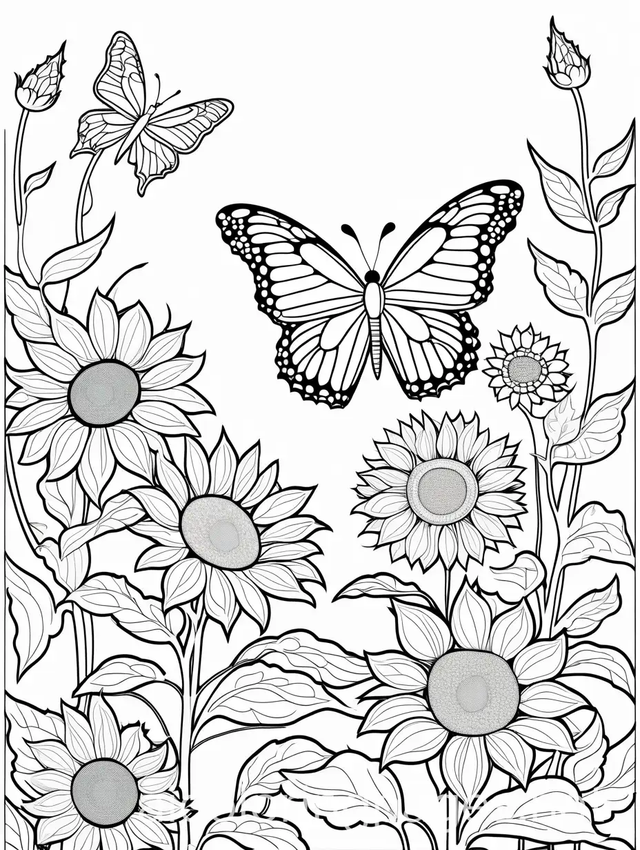 Butterfly-Coloring-Page-in-Sunflower-Garden