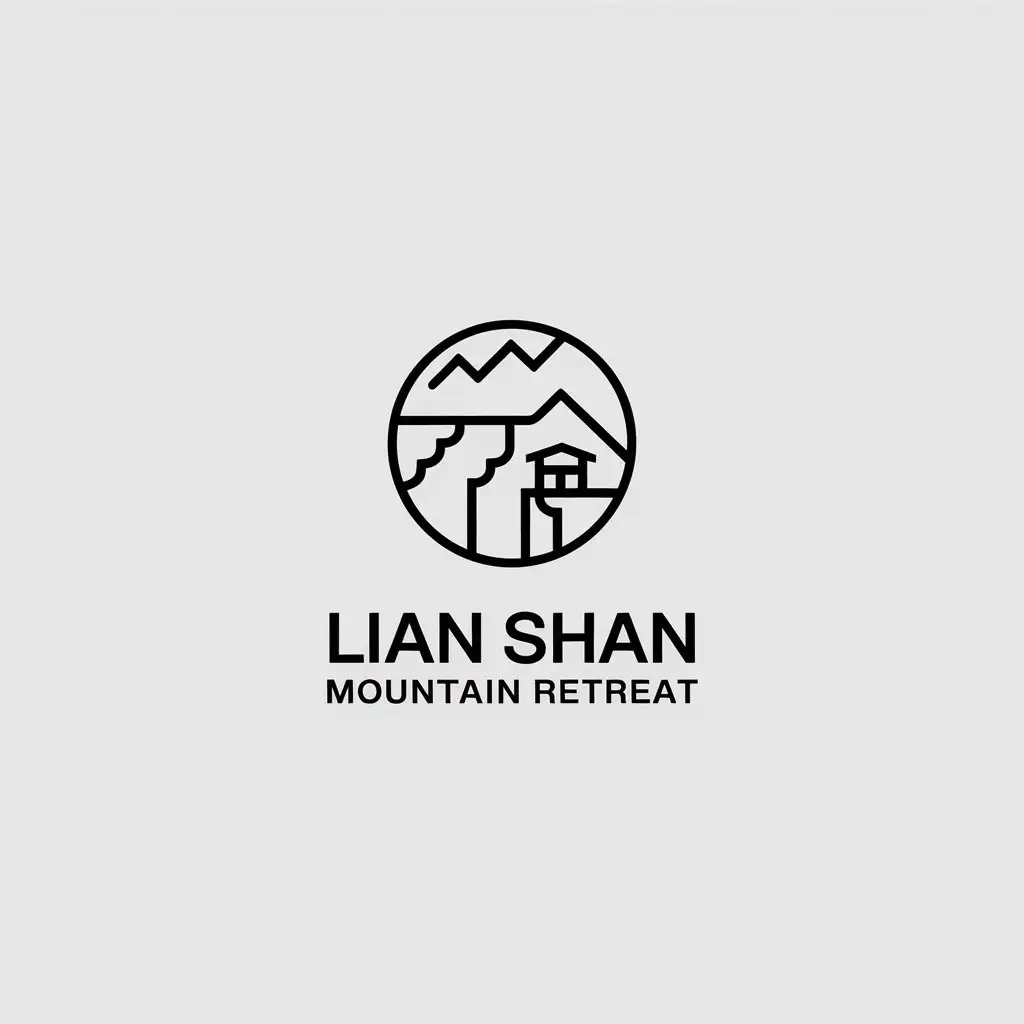 a vector logo design,with the text "Lian Shan mountain retreat", main symbol:Mountains and cliff-hanging buildings,Minimalistic,be used in Travel industry,clear background