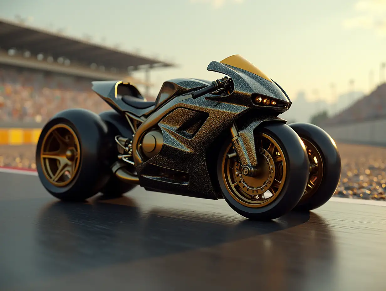 Gold, schwarz,Motorcycle with ten wheels , Machine, racing bike, racing track, fast, fantasy, scary