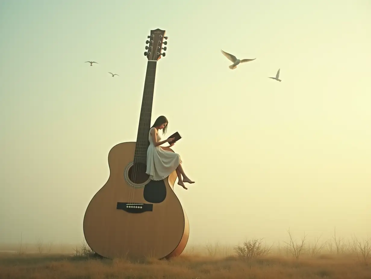 Dreamy-Surreal-Landscape-with-Giant-Acoustic-Guitar-and-Woman-Reading