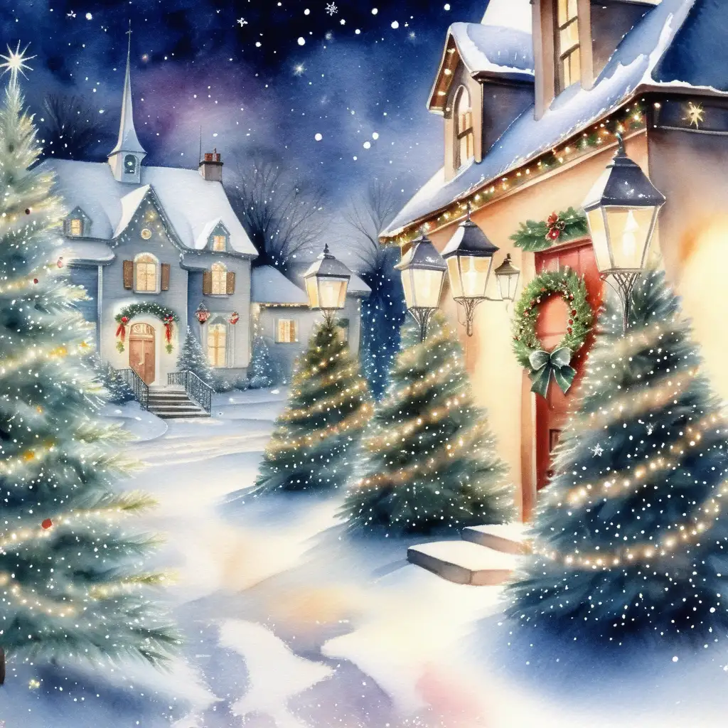 Enchanting Christmas Eve with Sparkling Lights Watercolor