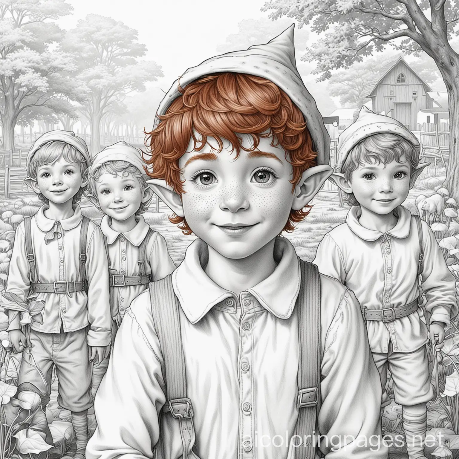 Young-Redheaded-Elf-and-Friends-Visit-Animal-Farm-Coloring-Page