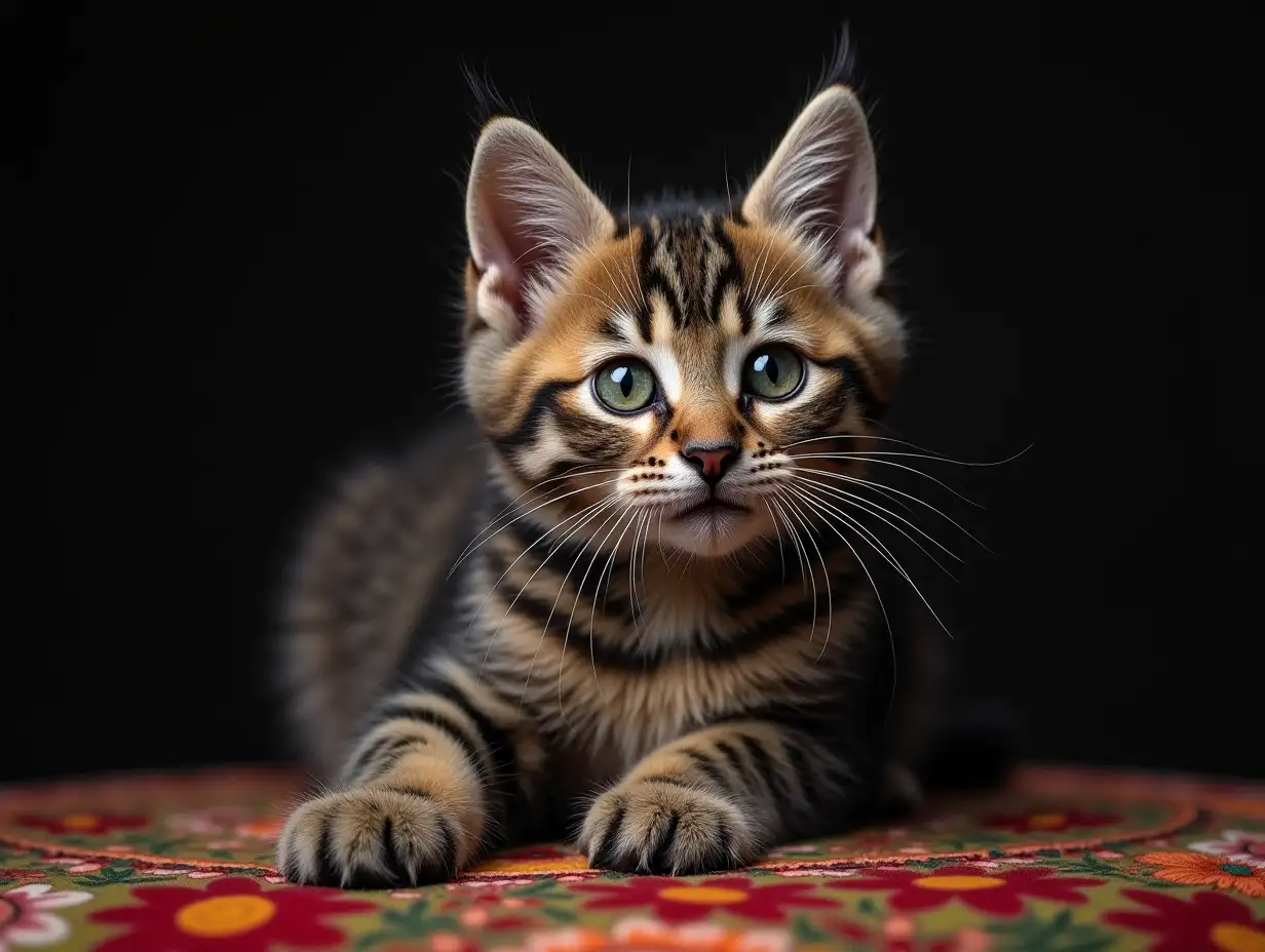 Ultra detailed hyperrealistic portrait of a katzeam on the table on an elaborately detailed, colorful black background