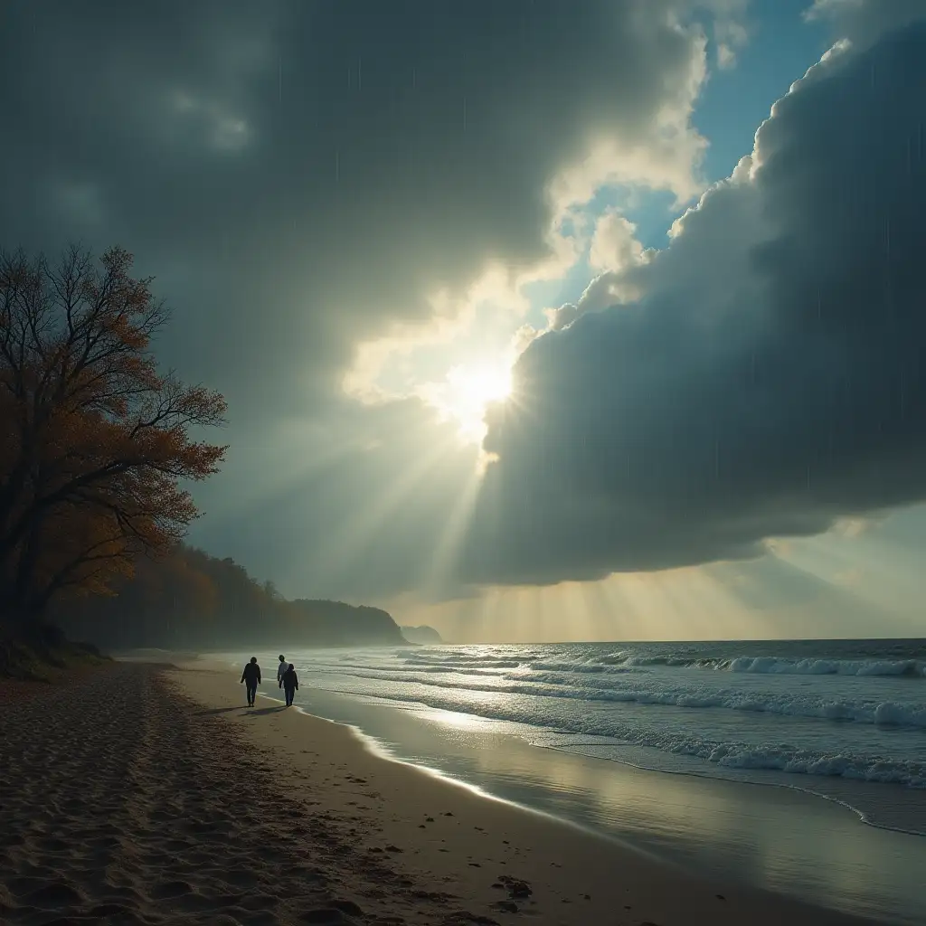 Autumn-Beach-Scene-with-Sunlit-Rain-Clouds-and-Walkers