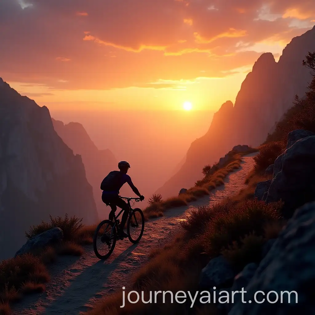 Cyclist-Riding-Mountain-Trail-at-Sunset-with-Dramatic-Cliffs-and-Mist