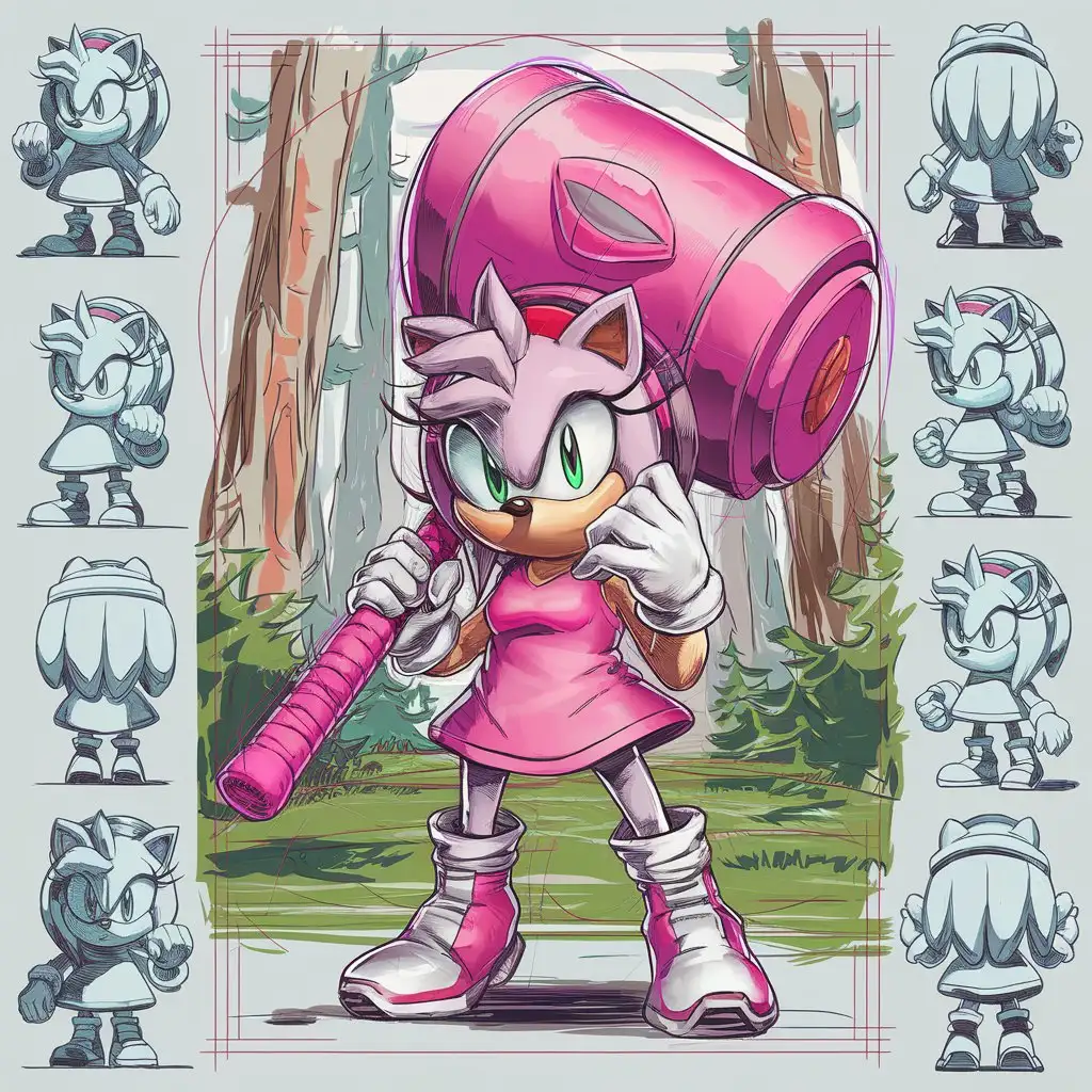 Amy-the-Hedgehog-Character-Sheet-with-Piko-Piko-Hammer-in-Sketchbook-Style