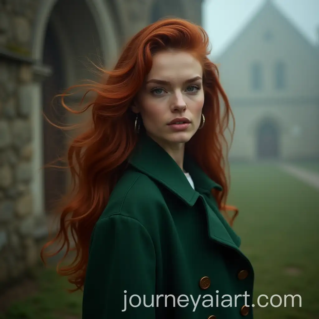 Fashion-Model-with-Deep-Red-Hair-in-Green-Coat-at-Old-Church-Photoshoot