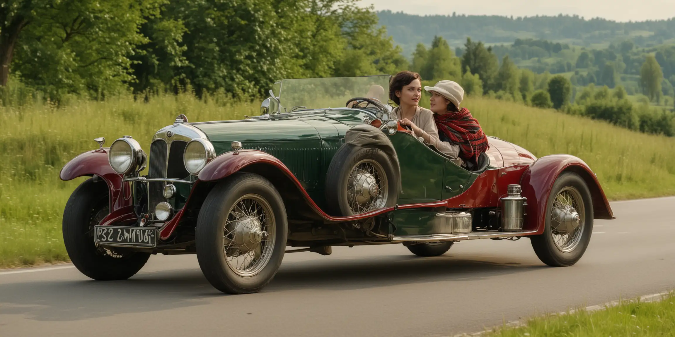 Woman Driving Vintage Red Sports Car in 1920s Green Landscape