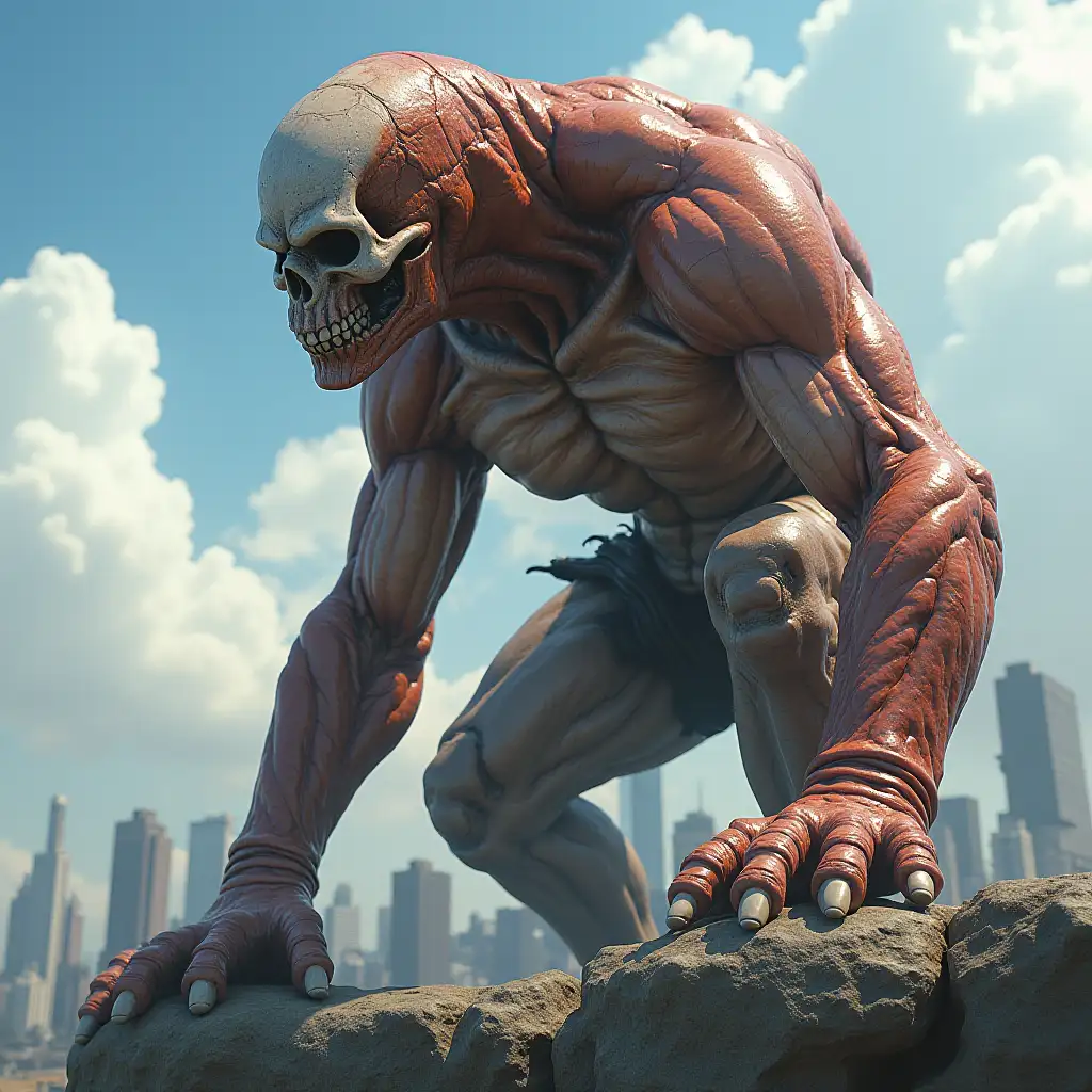 Ultra-detailed hyperrealistic portrait of a 10 meter tall Attack on Titan, Eren Jäger-titan on a rock in the city Paying attention to texture, surfaces and lighting to give depth, dimension and a photorealistic appearance.