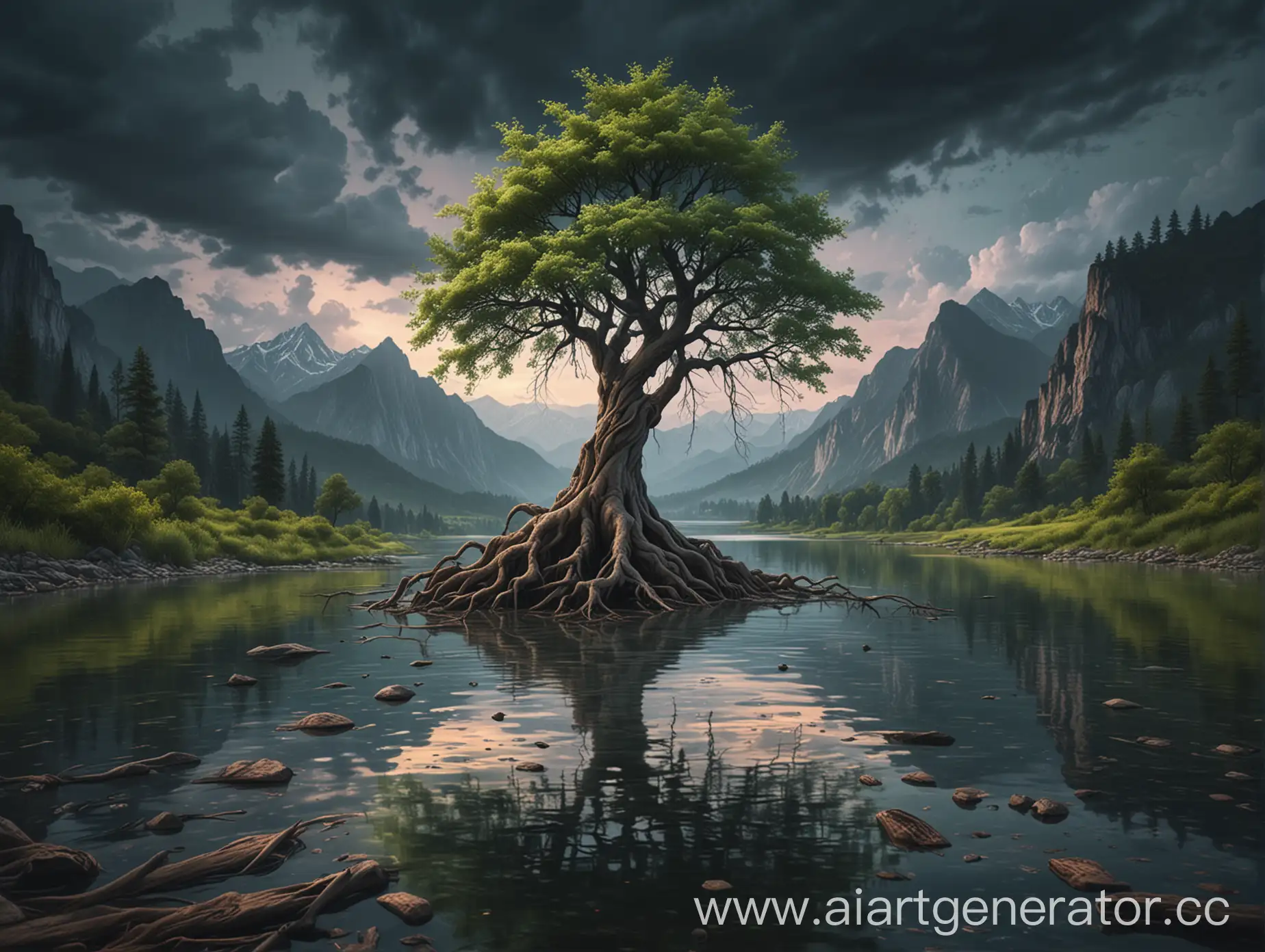 Twilight-Mountains-and-Flowing-Tree-by-Lake-Illustration