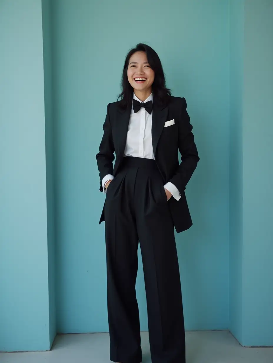 Confident-Chinese-Woman-in-Formal-Black-Tuxedo-and-Stiletto-Heels-Smiling-in-Blue-Background