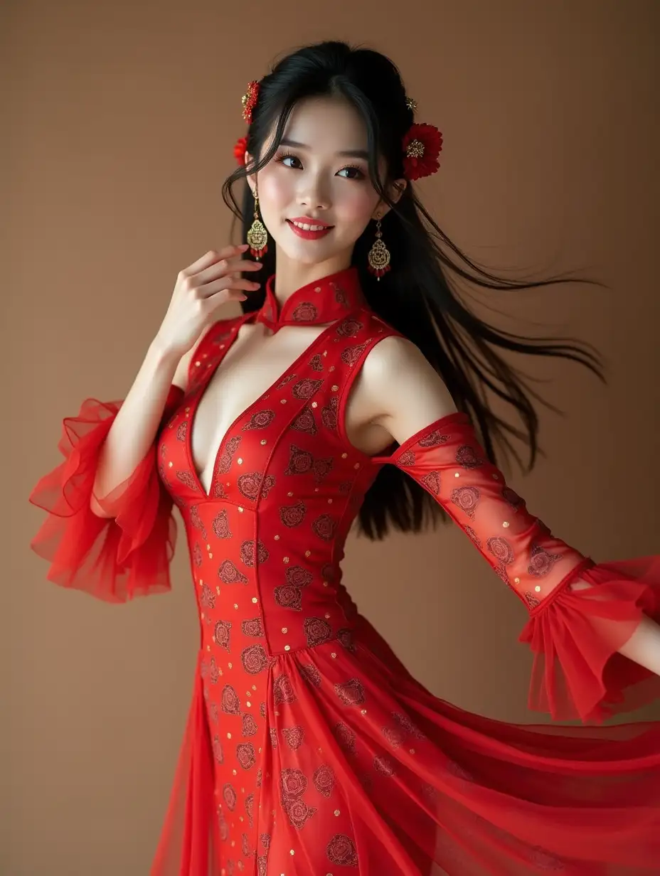 Playful-Ballerina-in-Red-Qipao-with-Soft-Smile-and-Graceful-Pose