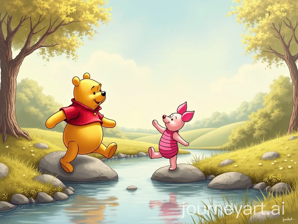 Winnie-the-Pooh-and-Piglet-Skipping-Rocks-by-a-Tranquil-Stream