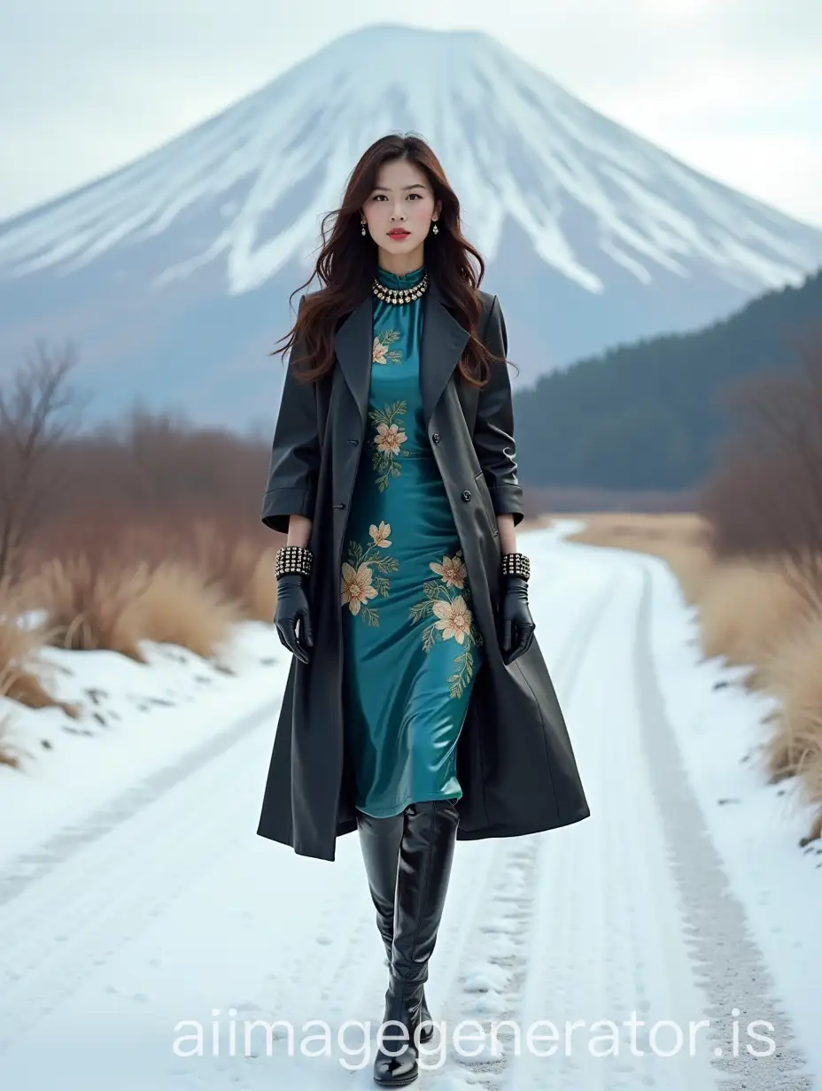 Japanese-Model-in-Dandy-Fashion-on-Snowy-Path-with-Mount-Fuji-in-the-Background