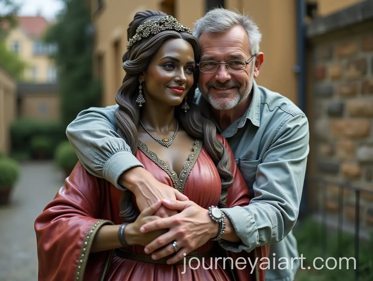 Man-Hugging-a-Statue-of-a-Woman-in-Fancy-Clothes