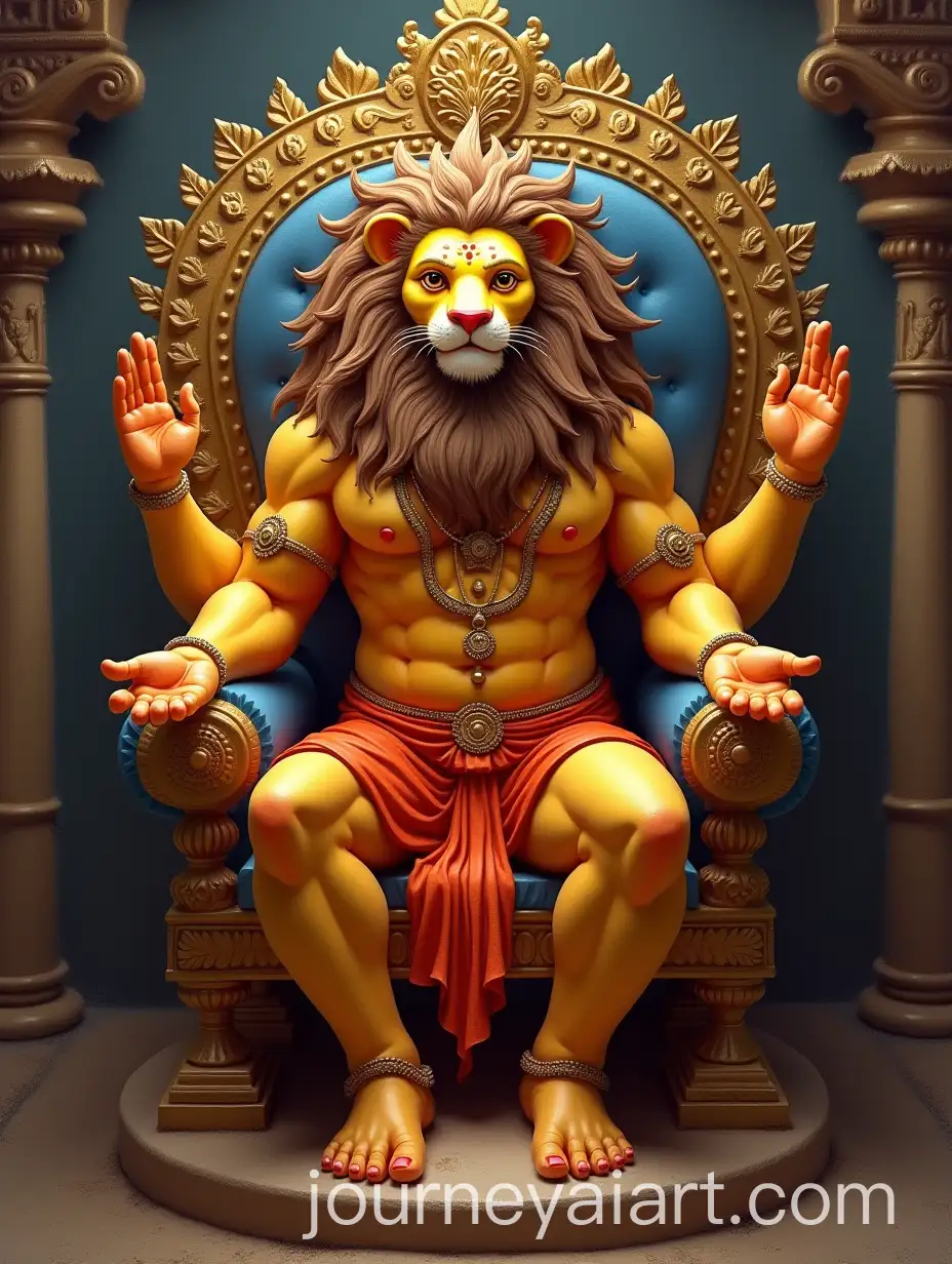 Hindu-God-Narasimha-with-Lion-Head-and-Human-Body-Blessing-from-Throne