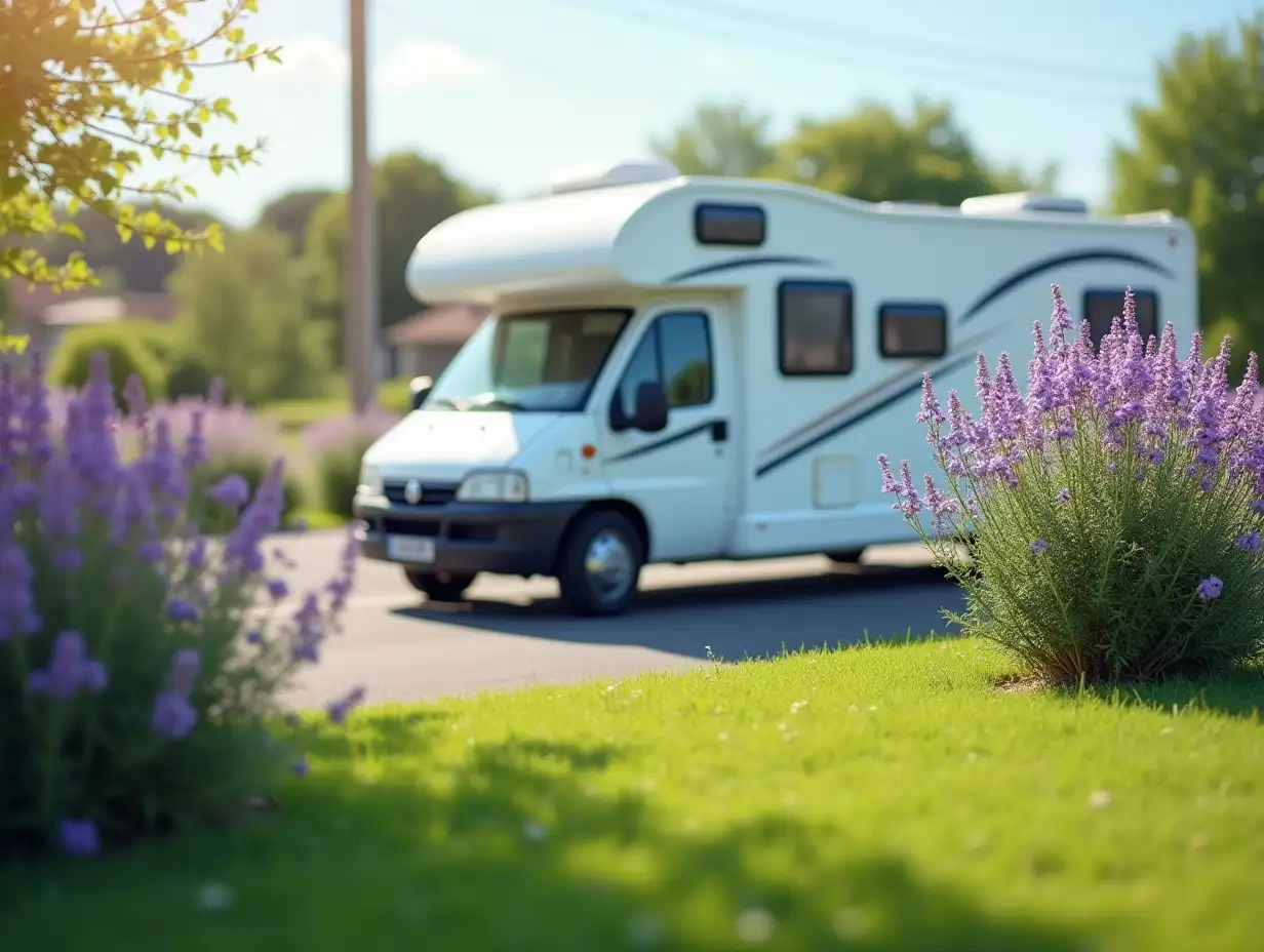 A white recreational vehicle is driving by, with purple flowers on either side of the road swaying in the breeze, and a lawn covered with green-blue grass, making one feel free and happy.