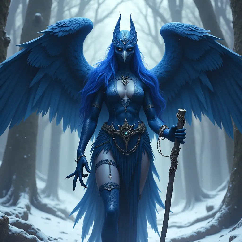 user_prompt: Female humanized version of the Changer of Ways in the form of an evil beautiful girl demoness, she is the servant of Chaos God Tzeentch, with a birdlike humanoid body and long neck, but with a face combining features of a human and raven, with a large chest, with blue skin/feathers, she has huge thick wings, she has long blue hair covering her eyes, her hands are unusually long and bird-like, her hips and arms are covered with feathers, she is dressed in the attire of a cultist or sectarian, holding a staff in her hands, against the background of a snowy dense forest, in the style of Warhammer Fantasy Battle