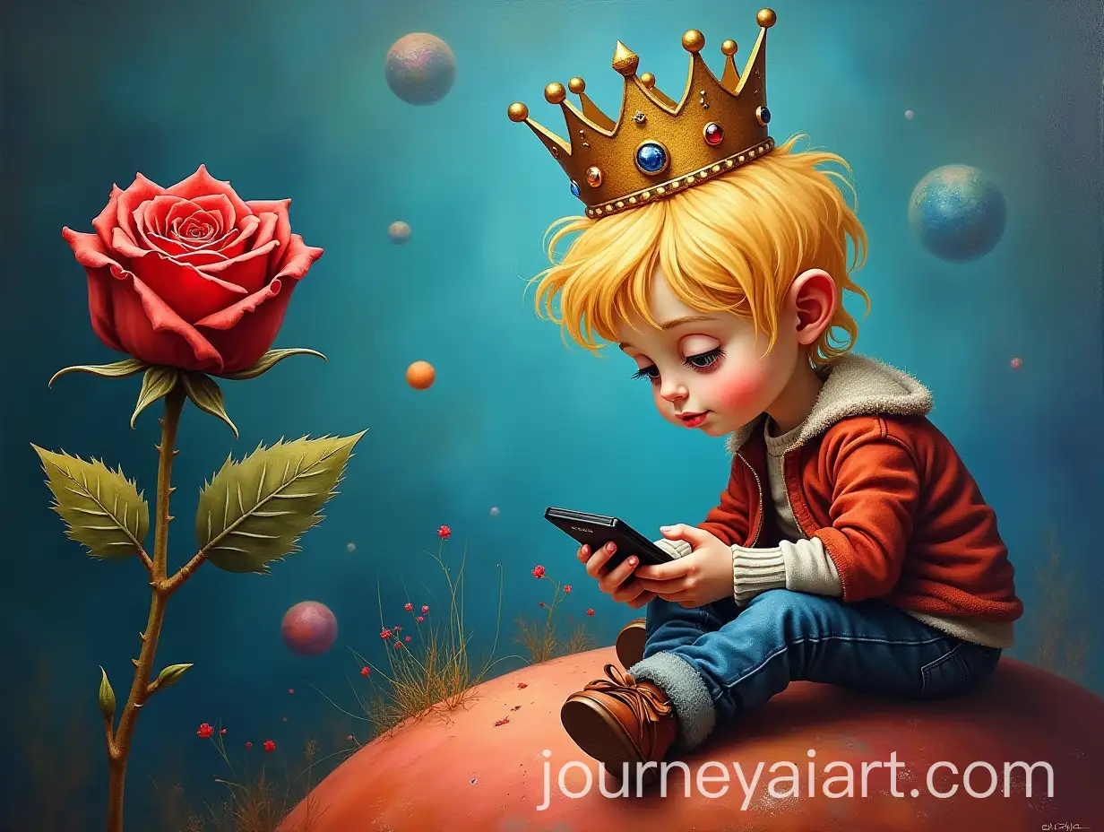 Surreal-Abstract-Painting-of-Little-Blond-Prince-on-Planet-with-Red-Rose