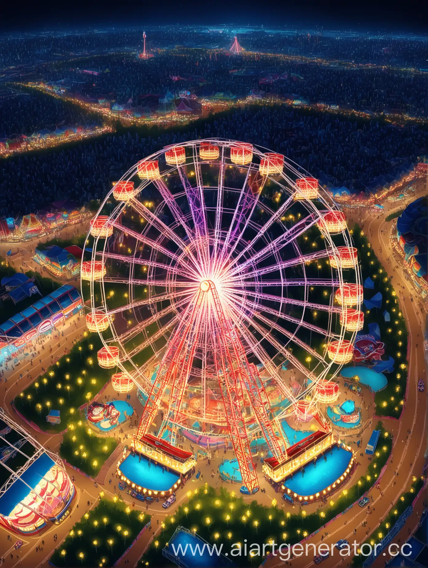 Nighttime-View-of-a-Vast-Amusement-Park-with-Ferris-Wheel-and-Illuminated-Attractions