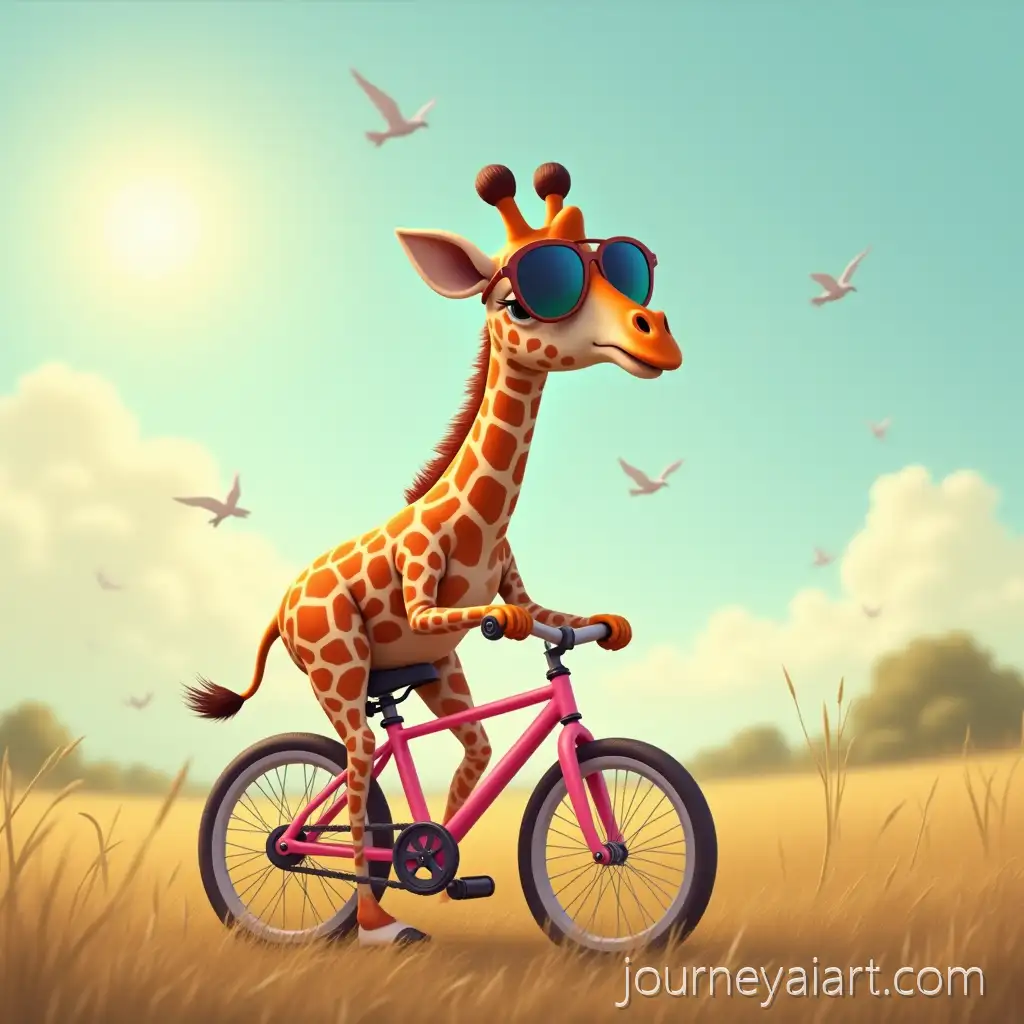 Hyperrealistic-Giraffe-RidingGiraffe-on-Pink-Bike-a-Pink-Bike-in-Countryside-with-Sunglasses-and-Birds