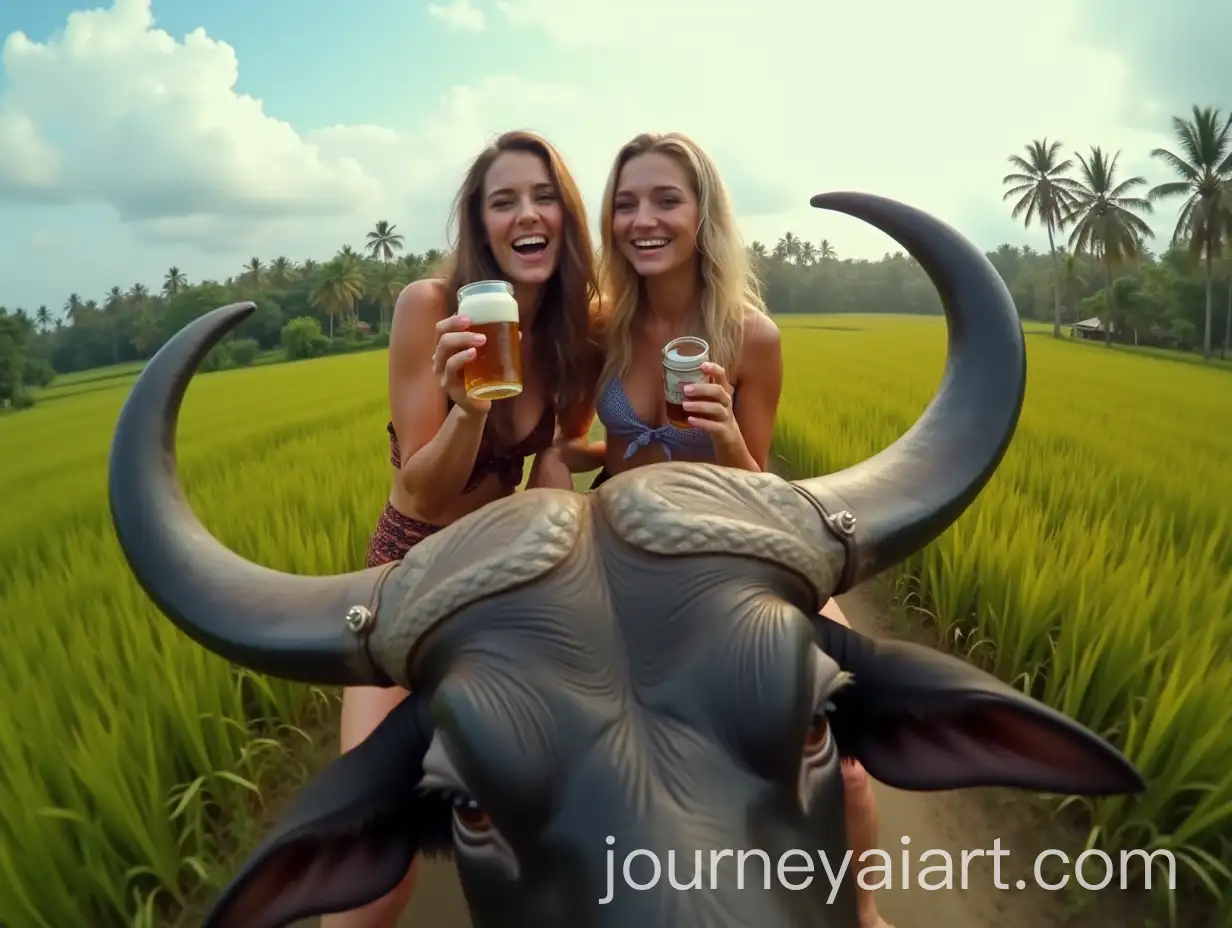GoPro-Selfie-of-Two-Women-Riding-Water-Buffalo-Through-Bali-Rice-Fields