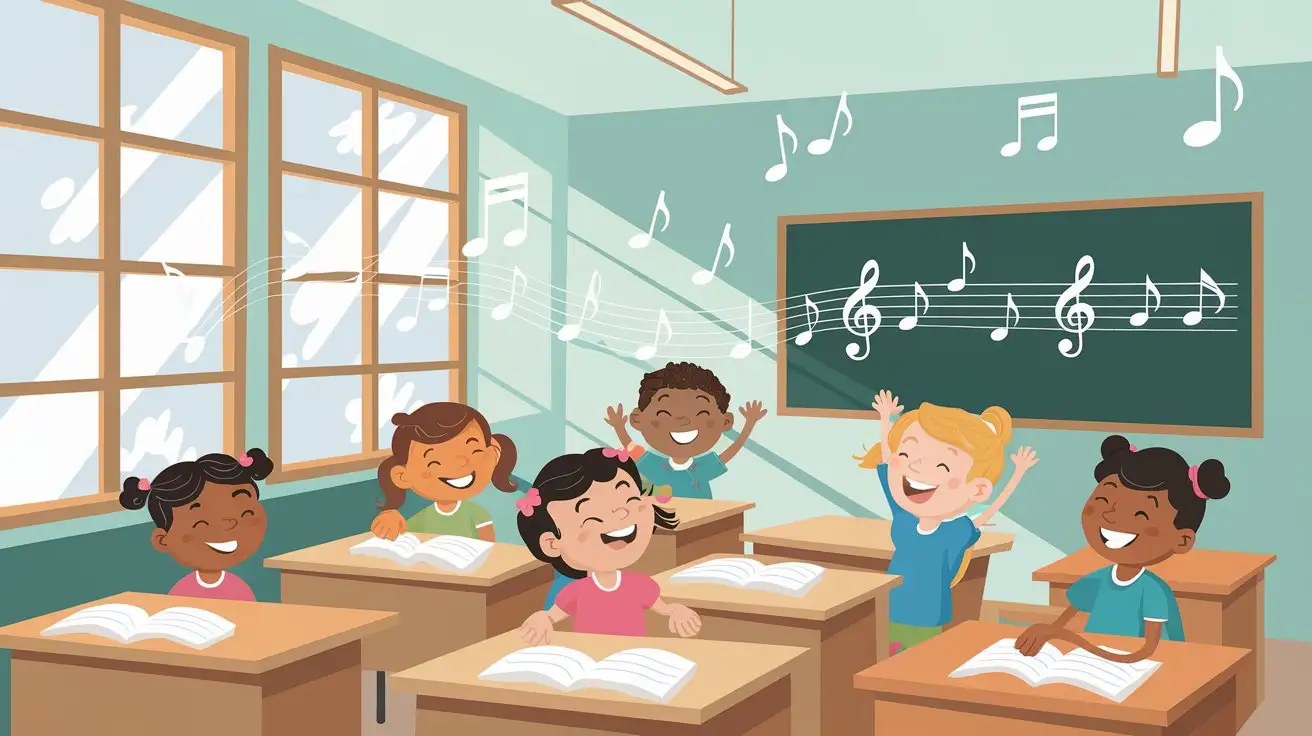 : A vibrant classroom with sunlight streaming through large windows, soft music notes floating in the air, children smiling and actively engaging with music, and a chalkboard with simple, uplifting musical symbols. The design should be calm yet energizing, with a focus on the harmonious relationship between music and education, creating an atmosphere of creativity and joy.