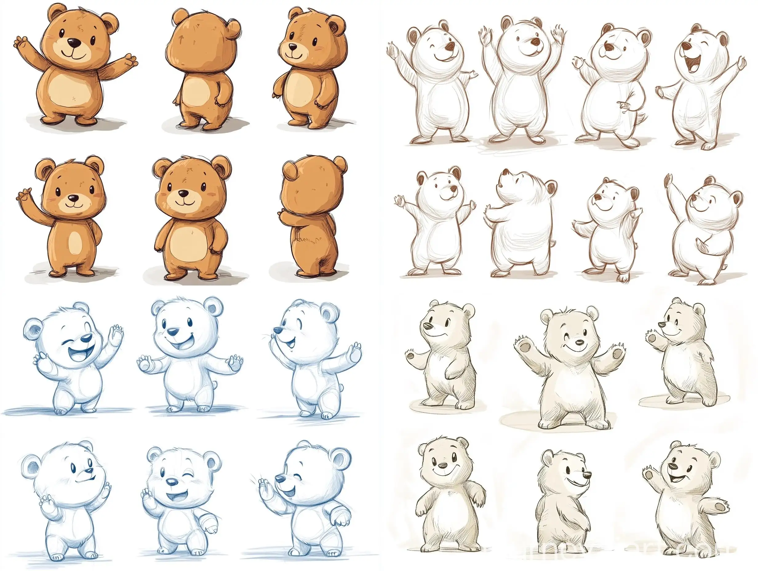 Cartoon-Little-Bear-Sketches-Various-Postures-and-Expressions-on-White-Background
