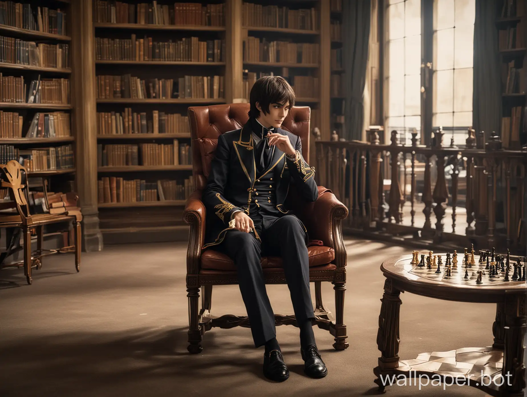 Lelouch vi Britannia sitting in a chair playing chess in a library