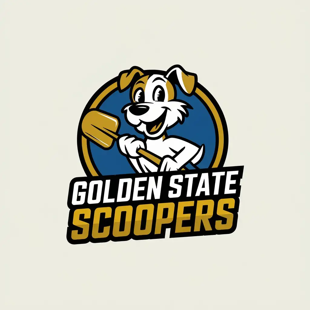 LOGO Design for Golden State Scoopers Smiling Dog Holding Golden Shovel in Blue Gold Colors