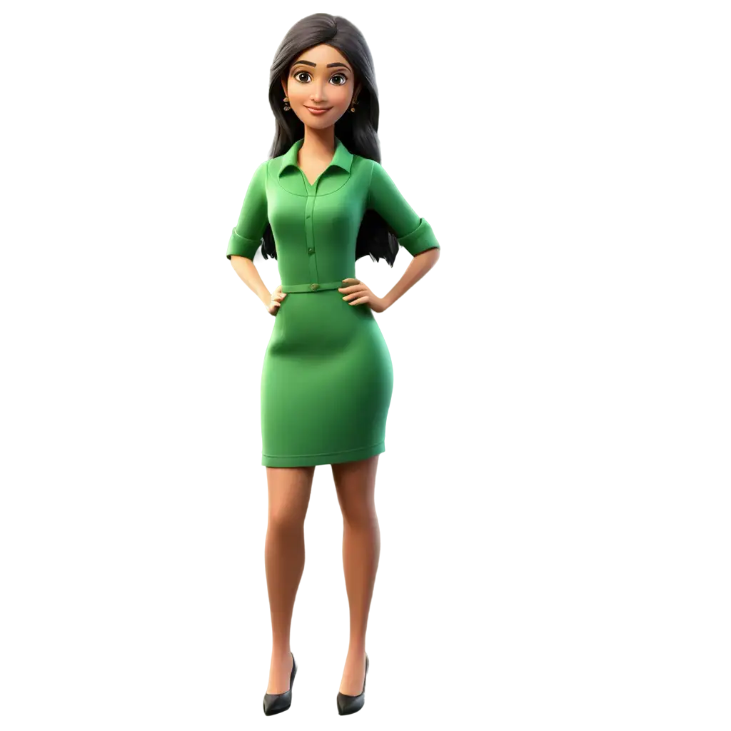 3D-Cartoon-Young-India-Business-Women-PNG-Image-with-Green-Traditional-Cloth