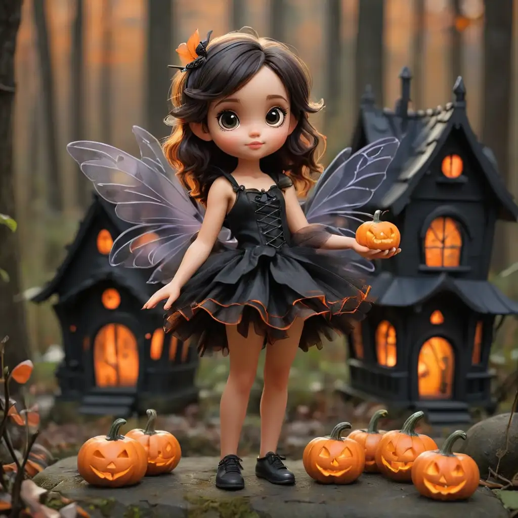 Halloween Fairy with Miniature Pumpkins in Forest Scene