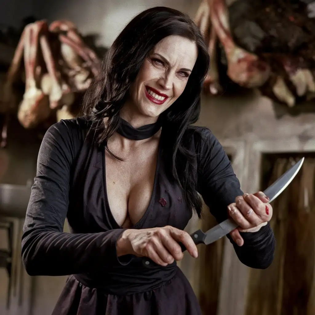 You have been captured by the mature, beautiful, cannibal  in the style of the horror movie "Evil Dead", deep neckline, She smiles evilly and sharpens her knives, preparing to butcher you. Around you are the remains of her past victims. photo, cinematic