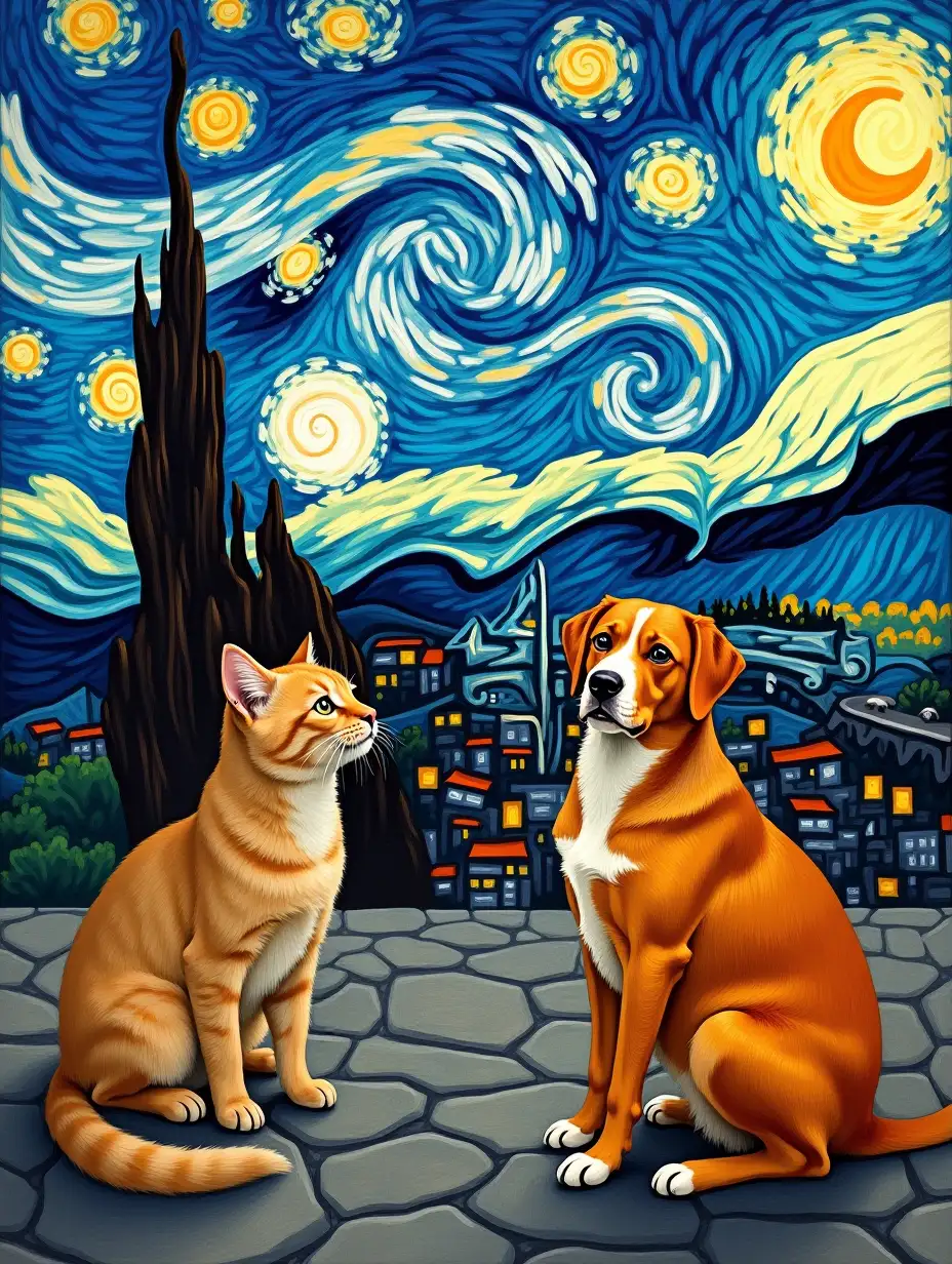 [cat:dog:0.3] with the city as a backdrop, Van Gogh style