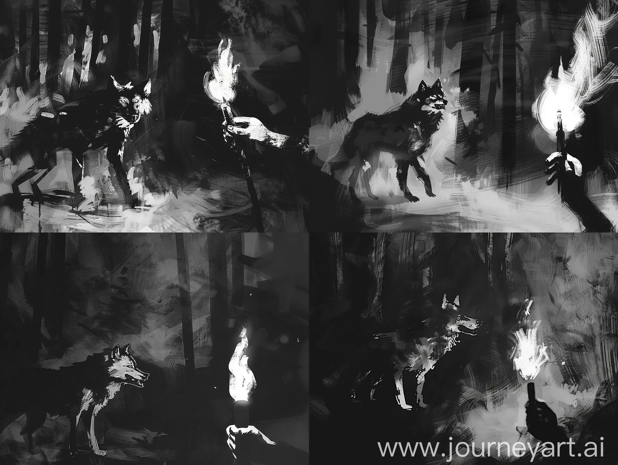 Minimalist-Black-and-White-Painting-of-a-Torchlit-Wolf-in-a-Forest