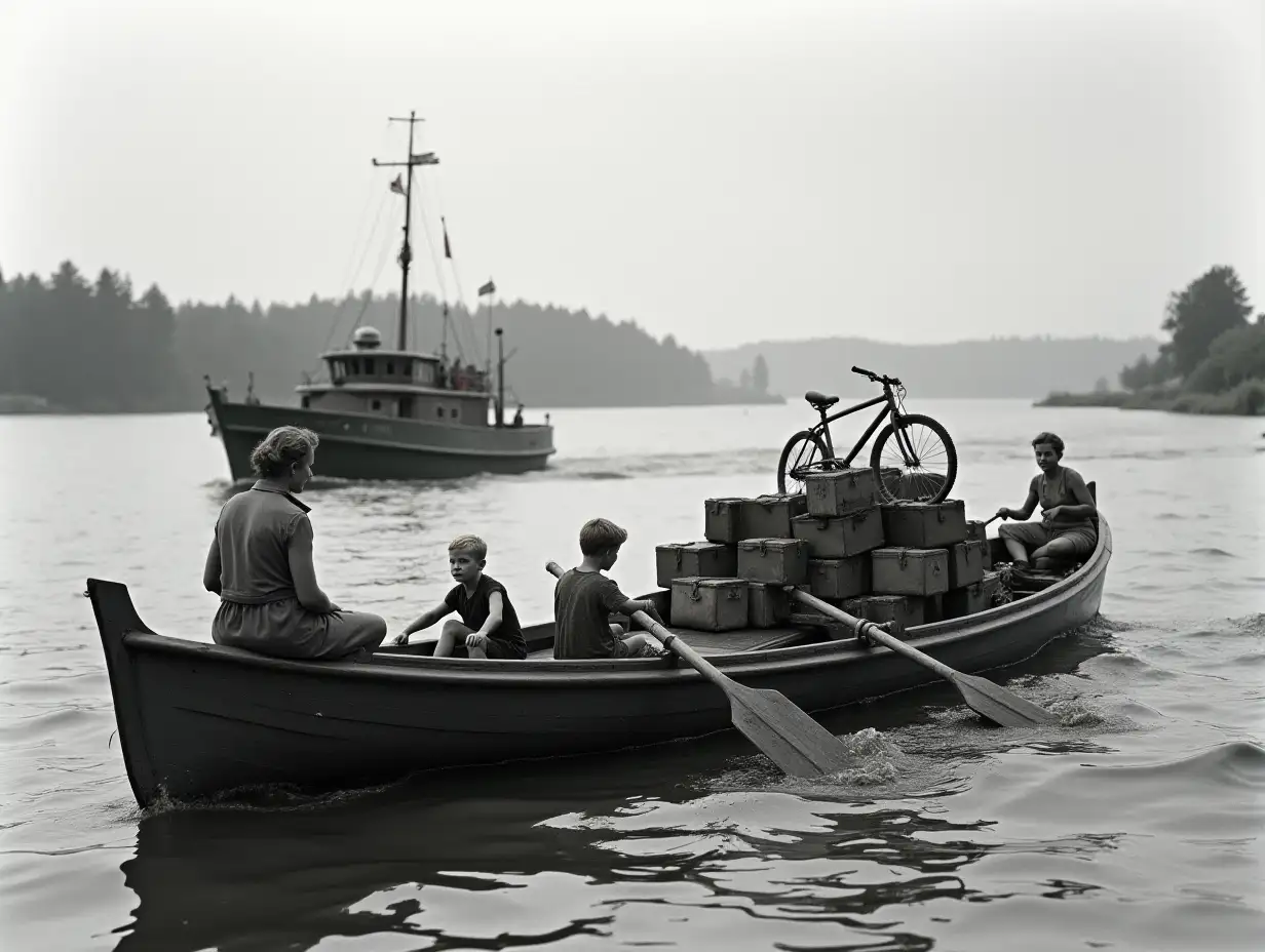 Color, Germany, Summer, 1945, wide river Elbe, no bridge, strong wind, high waves, bank only forest in the background, rowboat without journey in the foreground, rowboat lies deep in the water, in the rowboat pile up many suitcases and 1 bicycle, on the suitcases sit 3 anxious women in back view, in the stern of the rowboat sit 2 very small blond boys, they row with wooden board, no oars, all persons very anxious and excited, rowboat lies very deep in the water, high waves, only 1 old British military boat in the background moves towards the rowboat